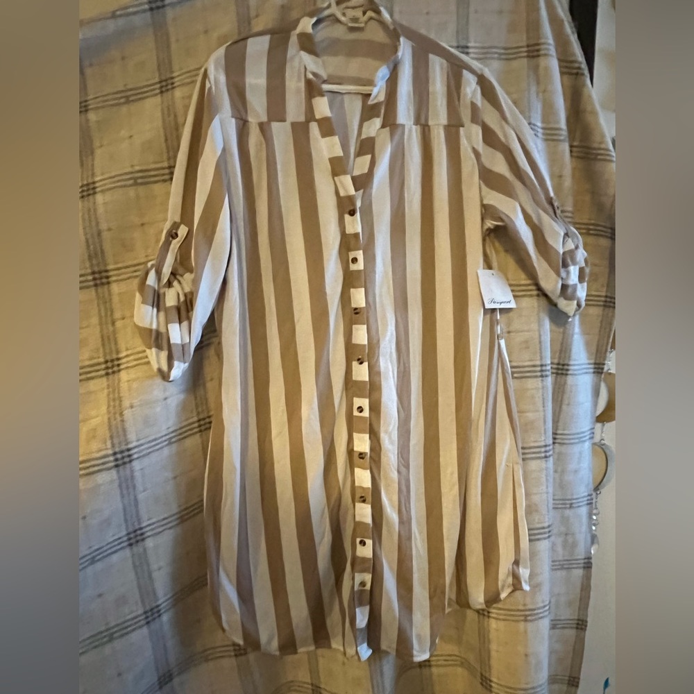 Button down dress with tan stripes and adjustable sleeves
